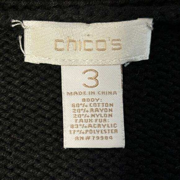Chico's Women's Size 3 Black Cable Knit Furry Collar Open Front Cardigan Jacket - Picture 3 of 9
